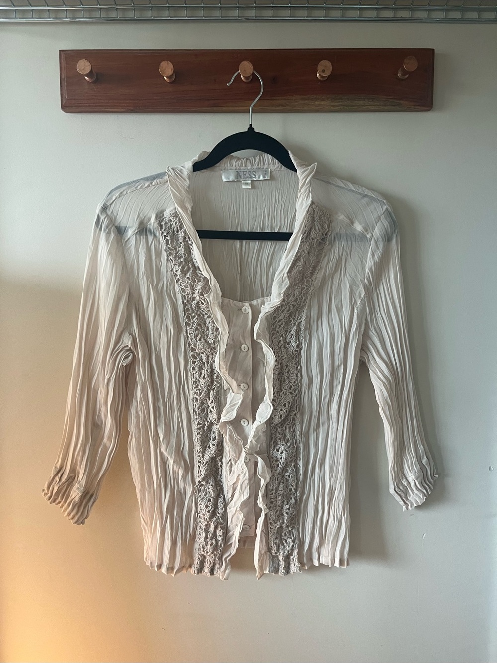 Venezia Cream Ruffled Lace-Trim Button Front Blouse